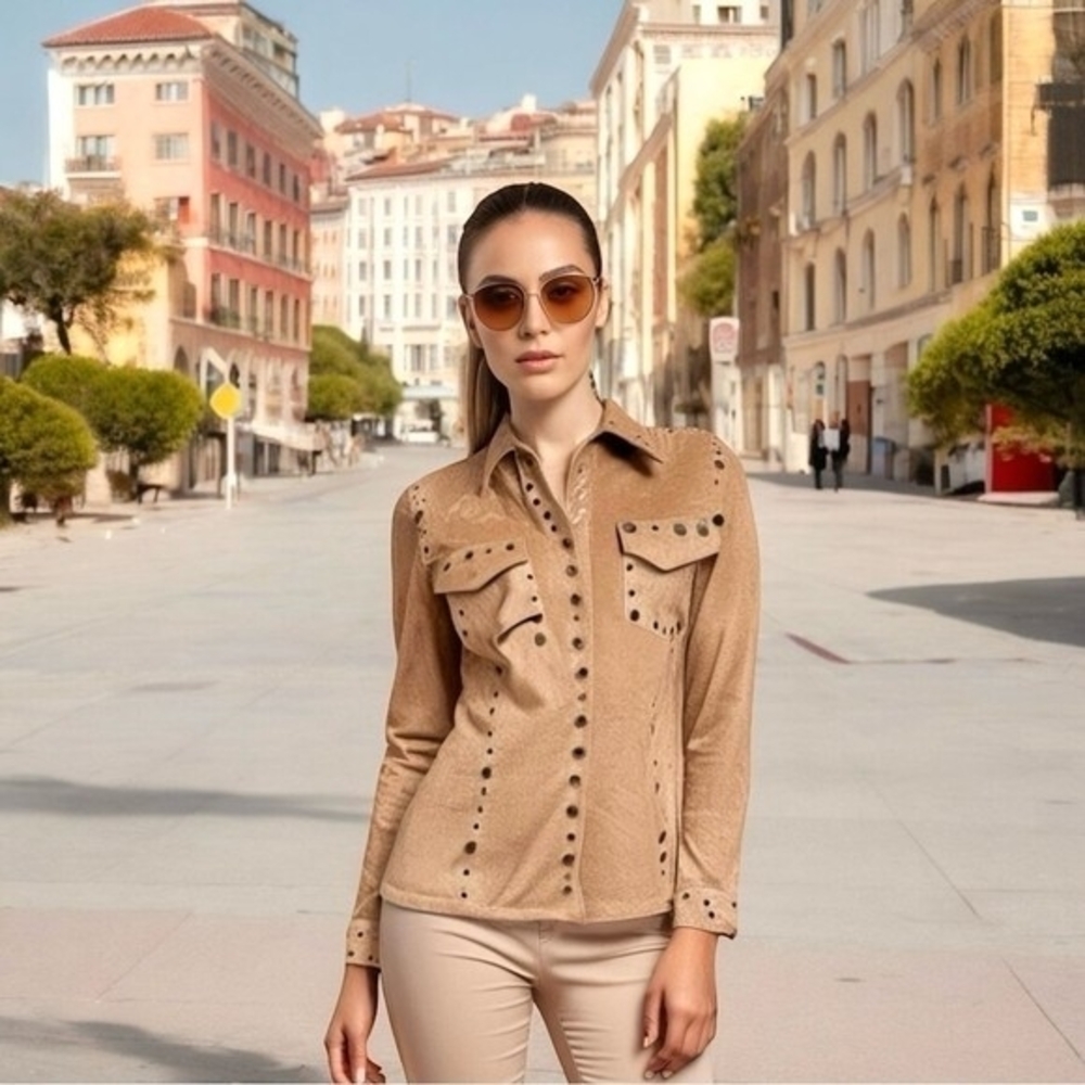TRES JOLIE Tan Suede Leather Button Front Shirt Jacket Copper Grommets S/M G